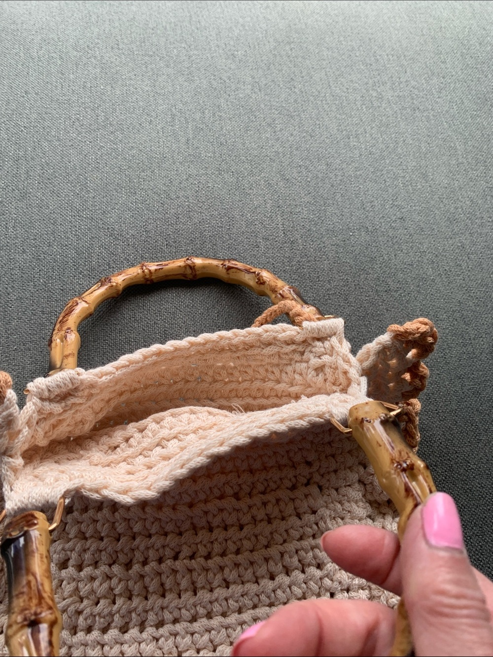 Cream & Tan Crochet Tote with Bamboo Handles - Picture 3 of 5